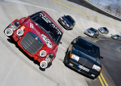 AMG Rote Sau AMG 300 SEL 6.8 (W 109). Authentic replica of the 1971 racing tourer, together with other high-performance vehicles from Mercedes-AMG history.